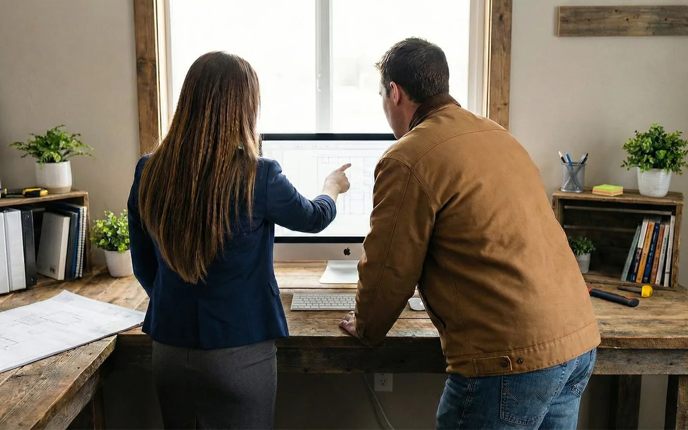 Two colleagues working through a process at a desk